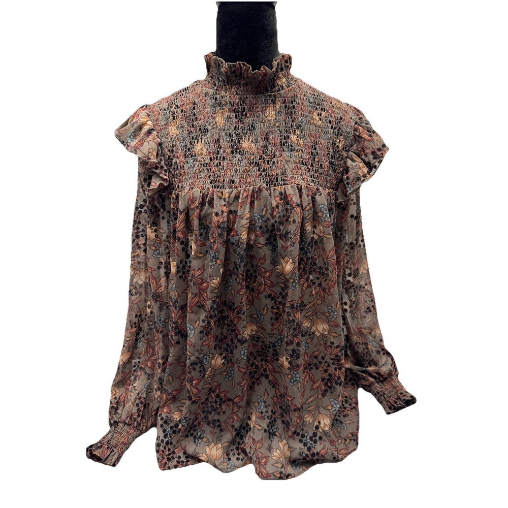 Sheer Velvet Embellishment Blouse L Knox Rose High Neck Smocked Floral